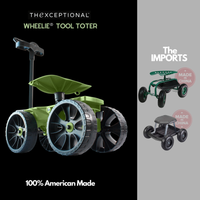 Hero shot of the Wheelie Tool Toter proudly displaying a '100% American Made' badge, set against a bold, high-contrast background. The product is front and center, showcasing its rugged tires, ergonomic swivel seat, reinforced tool handle, and spacious storage compartments highlighting durability, craftsmanship, and patriotic pride.