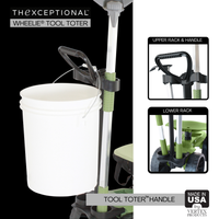 Close-up of a Tool Toter handle attached to a wheelie cart, showing its sturdy grip and ergonomic design for easy transport of tools
