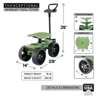 Image of a wheelie Tool Toter with labeled callouts highlighting its key features including a 360 degree swivel seat for comfort and mobility, durable all-terrain tires, a reinforced tool handle for easy steering, and multiple storage compartments. The cart measures approximately 14 inches wide, 29 inches deep, and 35 inches tall. It weighs 16 pounds and supports a maximum load capacity of 240 pounds, making it ideal for heavy-duty tool transport