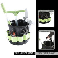 Vertex Wheelie EX590 garden cart with included harvest bucket and organizer pockets ideal for storing gloves, pruners, and gardening supplies.