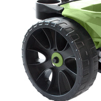 Close-up of 10-inch never-flat tires on Wheelie garden cart, designed for rugged terrain and maintenance-free outdoor use
