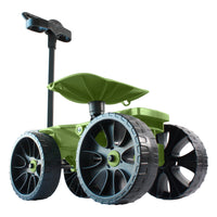 Wheelie Tool Toter garden cart with swivel seat, vertical tool rack, and comfort pad for ergonomic outdoor gardening