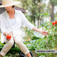 Vegetable gardening with wheelie garden seat with woman in gardeners shade hat with premium comfort noted about the rolling cart