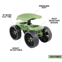 rolling garden seat made in usa showing features of large tires, rust resistant stool frame and height adjustable gardeners swivel seat