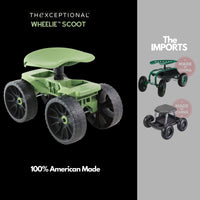 TheXceptional wheelie scoot is 100% american made and shows imported garden seats with rooling wheels