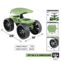 Wheelie scoot with dimensions weight and weight capacity for the gardeners cart with seat