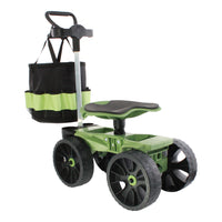 A green and black Wheelie Tool Toter Pro & Seat Pad with four wheels, a seat, and a storage bag on the back.