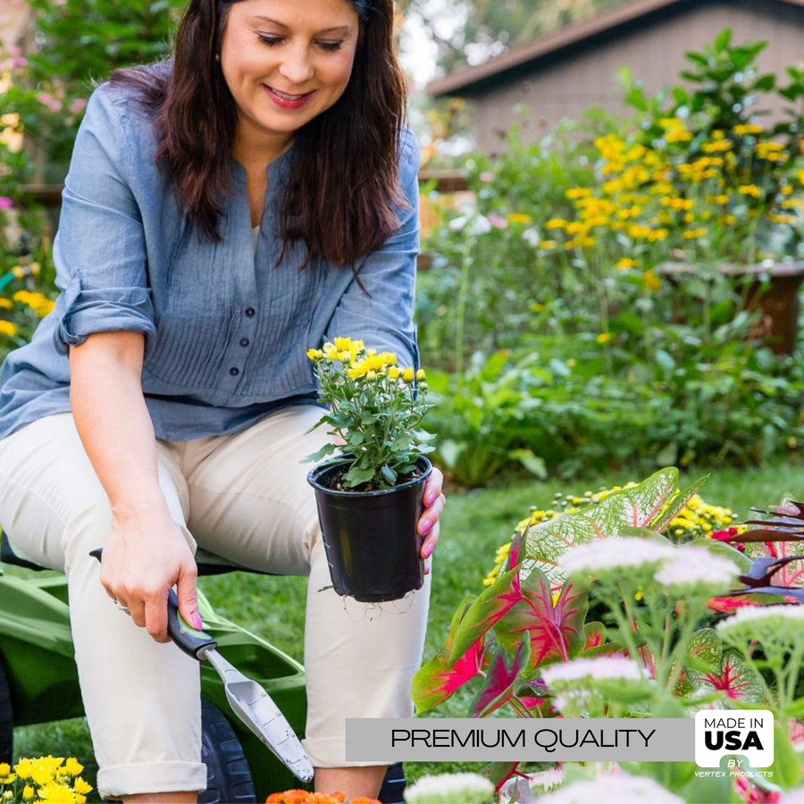 Woman seated on Wheelie Tool Toter garden cart with potted plant Made in USA ergonomic garden seat with tool storage
