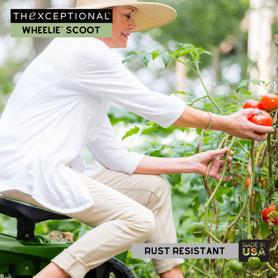 Gardener seated on Vertex Wheelie EX590 rolling garden cart while planting harvesting  comfortable, mobile seat with tool storage for efficient outdoor tasks.