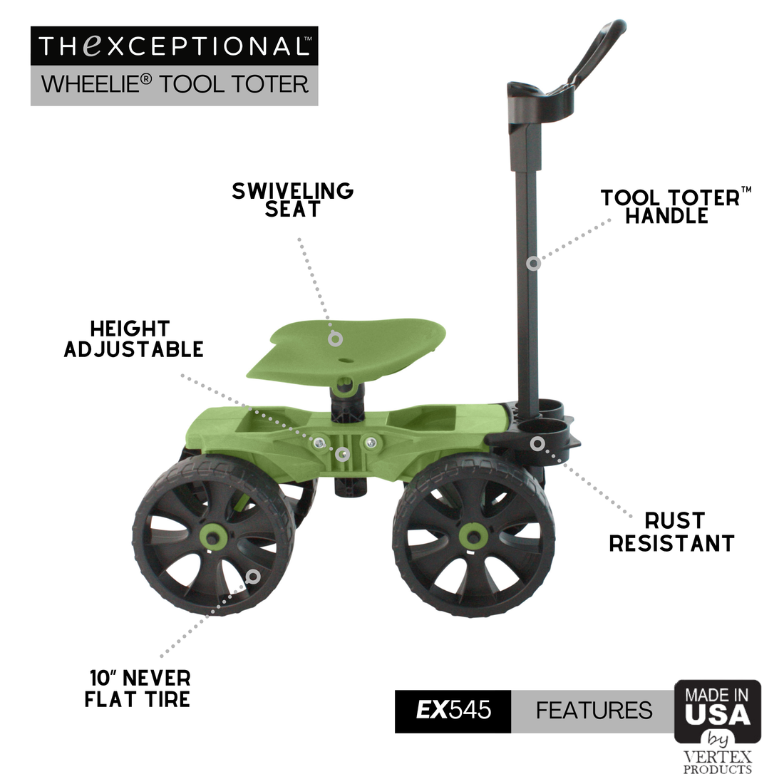 Photo of a wheelie Tool Toter with labeled callouts pointing to key features including a padded swivel seat for comfort, rugged tires for mobility, a sturdy tool handle for easy maneuvering, and built-in compartments for organized tool storage.
