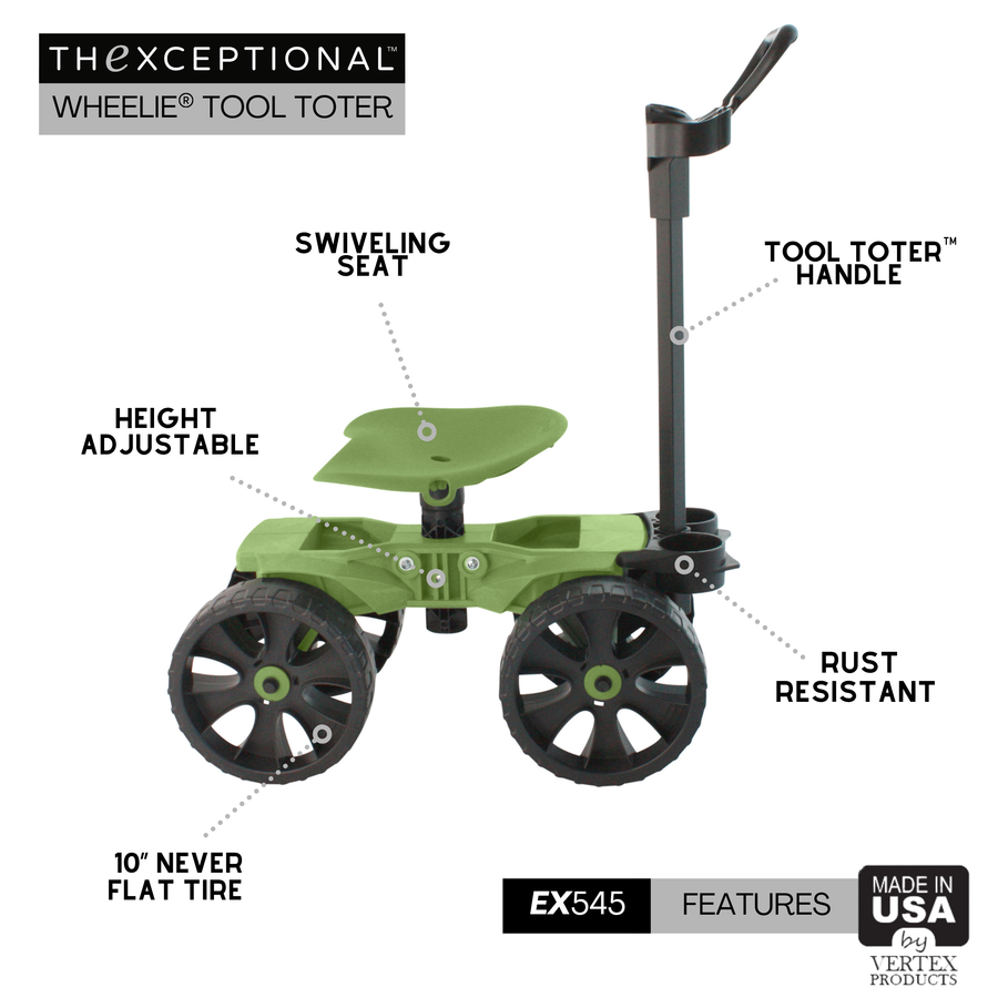 Photo of a wheelie Tool Toter with labeled callouts pointing to key features including a padded swivel seat for comfort, rugged tires for mobility, a sturdy tool handle for easy maneuvering, and built-in compartments for organized tool storage.