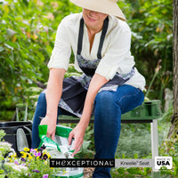 Woman in a garden using a kneeling seat with 'The Exceptional Kneeling Seat' branding.