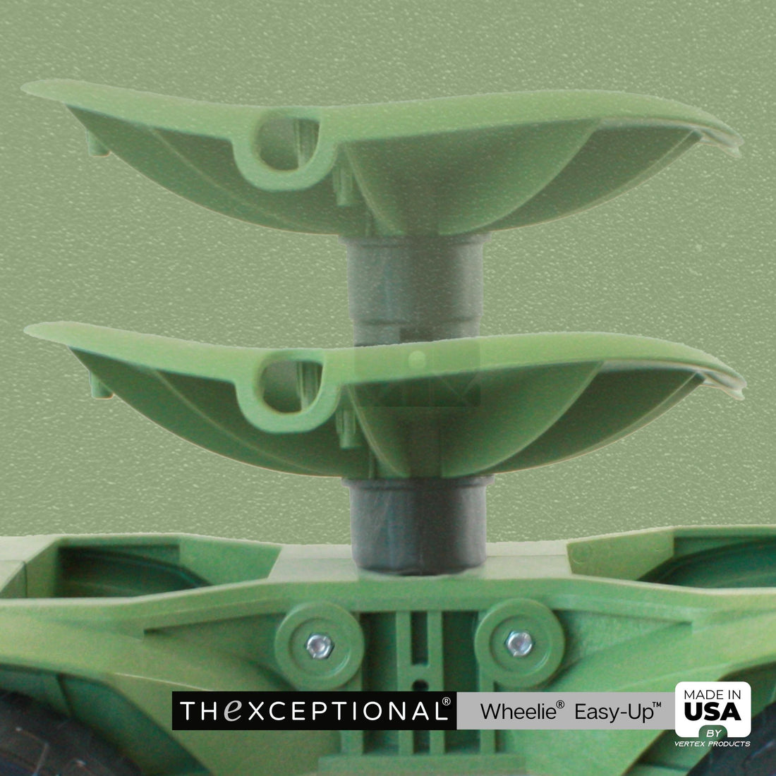 Close-up of Wheelie Easy-Up garden stool seat demonstrating height adjustment mechanism with up and down movement for customizable comfort