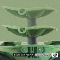 Close-up of Wheelie Easy-Up garden stool seat demonstrating height adjustment mechanism with up and down movement for customizable comfort