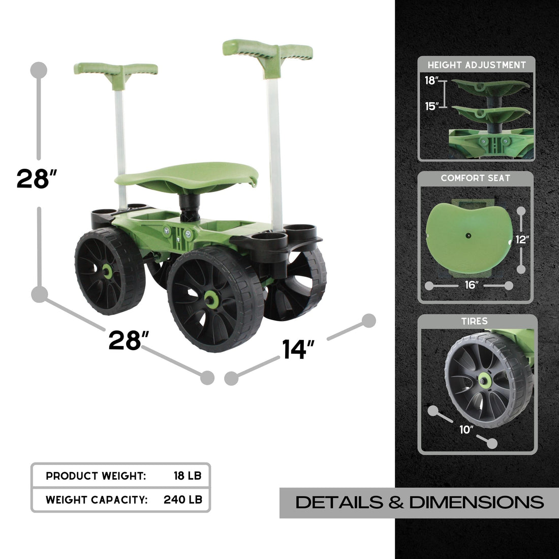 Wheelie Easy-Up garden stool with labeled dimensions, seat size, product weight, and maximum load capacity shown in technical diagram