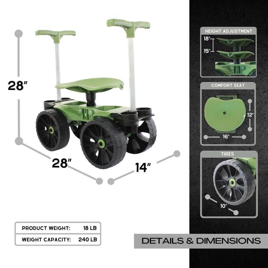 Wheelie Easy-Up garden stool with labeled dimensions, seat size, product weight, and maximum load capacity shown in technical diagram