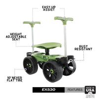 Wheelie Easy-Up garden stool with labeled features including assist bars, height-adjustable swivel seat, padded Tush Pad, locking tires, and under-seat storage tray