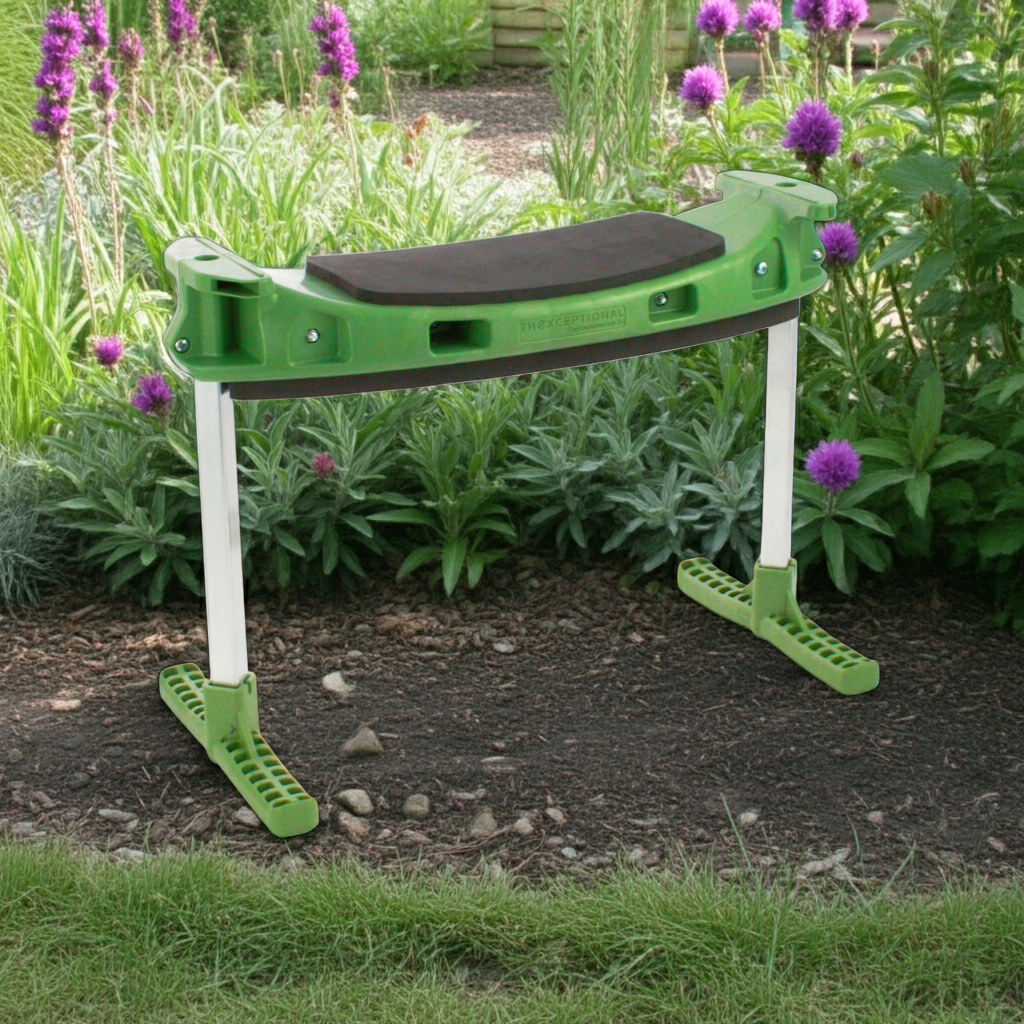 Green and black adjustable garden kneeler in a garden setting with plants and flowers.