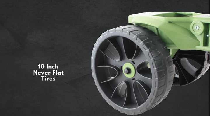 The 10 inch tire fits our garden, garage and other work seat stools.  this wheel also is a feature on our rolling shovels and garden carts which store and organize garden tools and gardener supplies.  The tire has been a key element of our American Made garden cart by vertex as well as the rolling snow shovel on wheels by vertex.