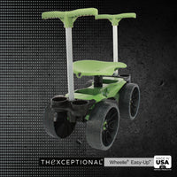 Wheelie Easy-Up garden stool for seniors, highlighting ergonomic seat, wheels, and storage features