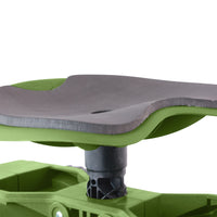 Close-up of padded Tush Pad on height-adjustable swivel seat of Wheelie Easy-Up garden stool, showing comfort-focused design for senior gardeners