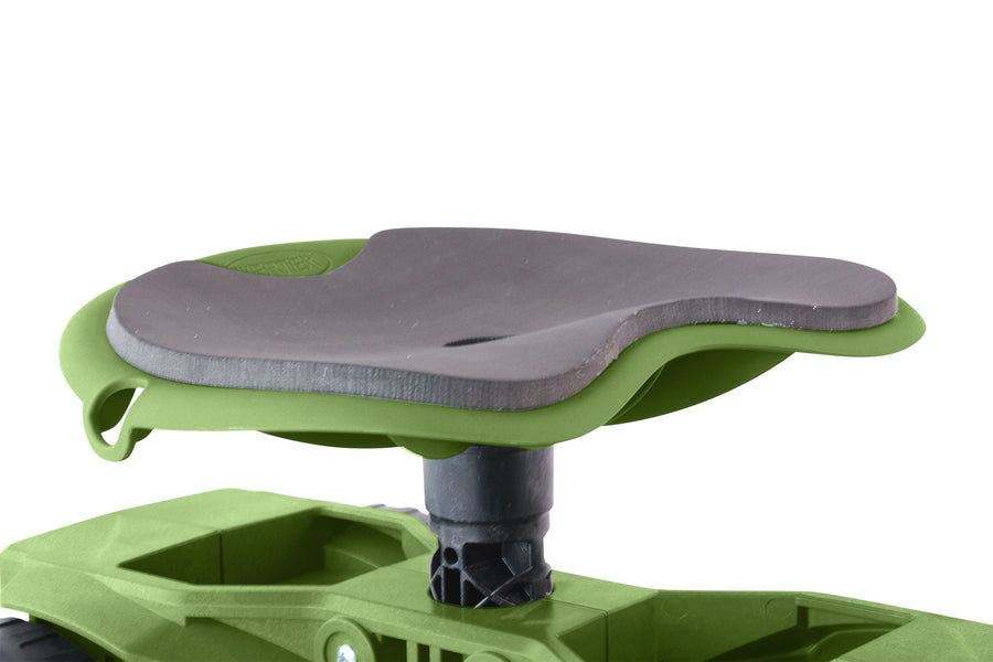 Close-up of padded Tush Pad on height-adjustable swivel seat of Wheelie Easy-Up garden stool, showing comfort-focused design for senior gardeners
